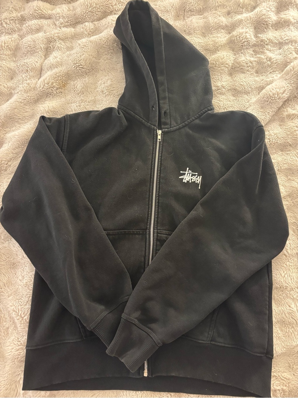 Stussy Black Hoodie with Silver Zipper and White Logo Tag